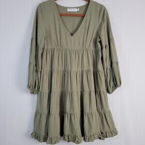 Petal & Pup Long Sleeve Tiered Mini Dress sz 6 Green Boho Cottagecore Ruffle Hem